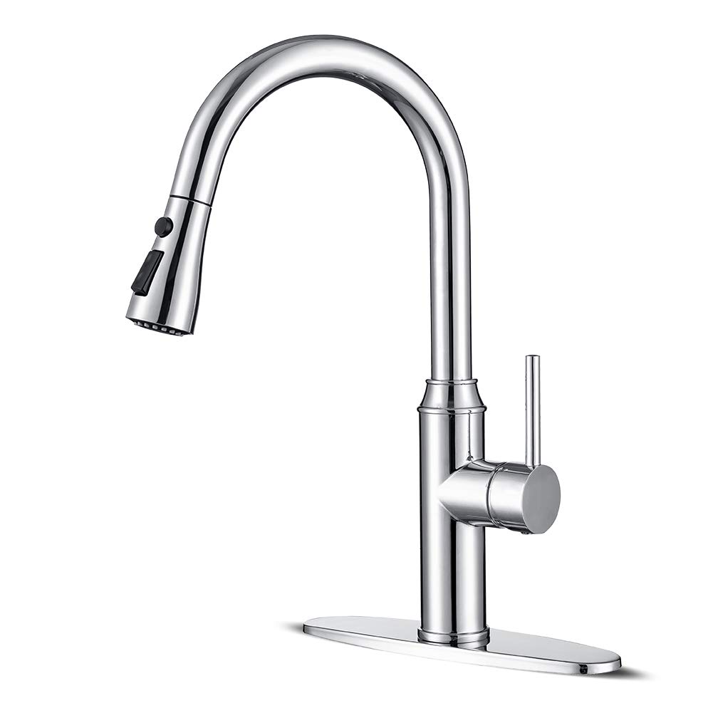Chrome Finish Voolan Kitchen Faucet with Pull Down Sprayer, Dual Water Functions Lift Type Kitchen Sink Faucets with Deck Plate Single Handle