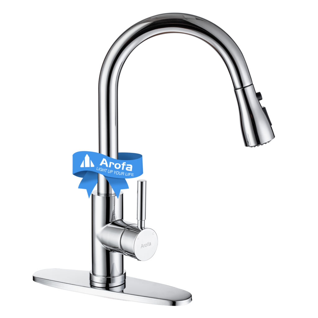 Chrome Kitchen Faucet, Arofa Pull Down 3 Hole Deck Mount Modern Chrome