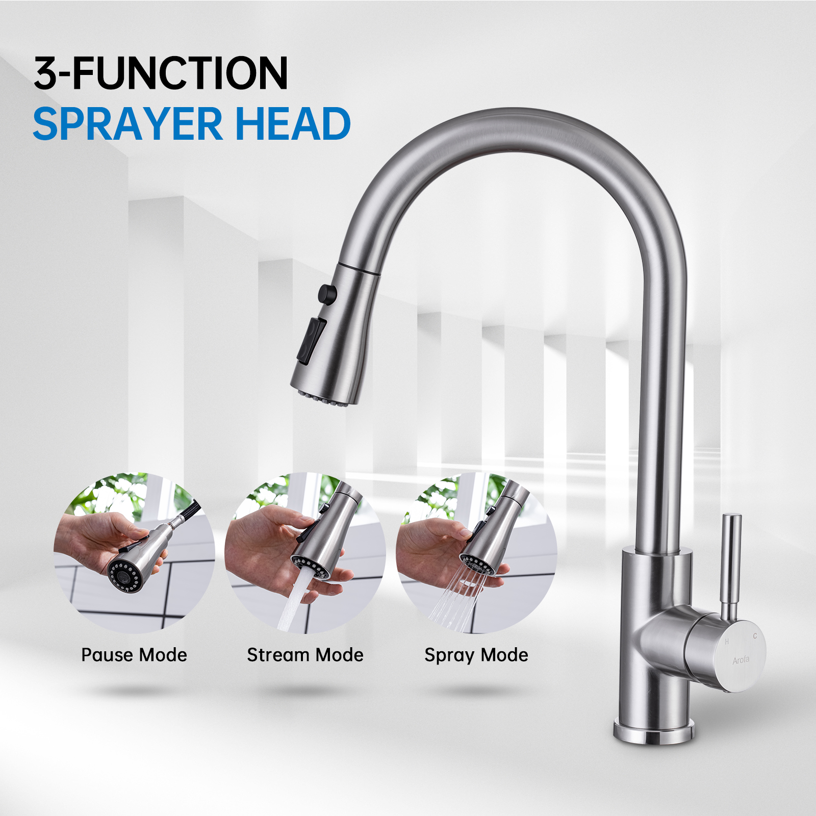 thumbnail image 2 of Kitchen Sink Faucet Head With ON/Off Pause 3-Function Pull 2 of 12